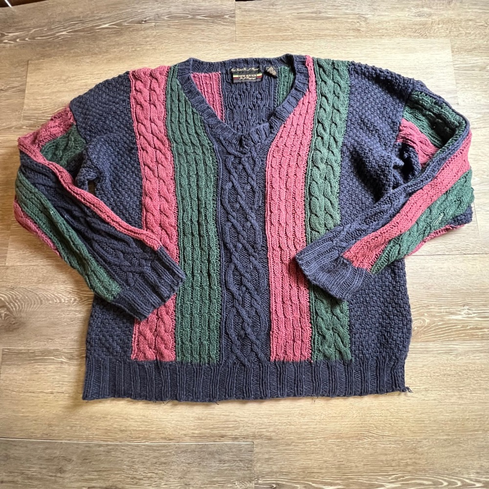 New River Sweater Mens Large Navy Green Pink Cable Knit V-Neck Vintage 90s